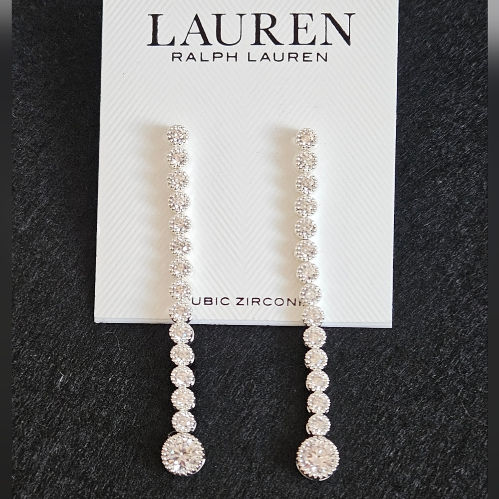 Lauren Ralph Lauren Silver-Tone Cubic Zirconia Tennis Linear Drop Earrings